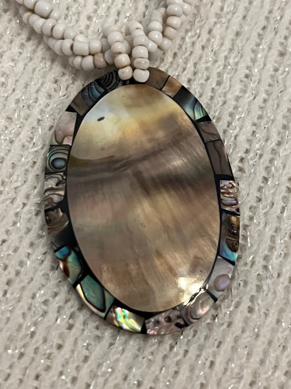 Beaded White Shell Pendant Necklace with Abalone Trim